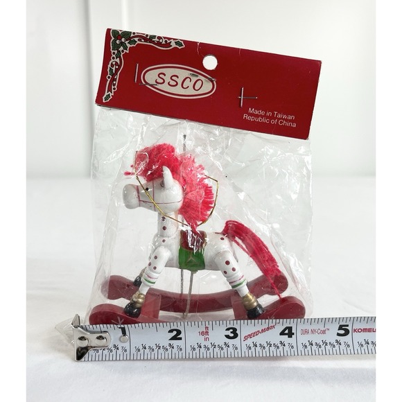 New Vintage 1980's SSCO Wood Rocking Horse Christmas Tree Ornament White & Red - Picture 5 of 5